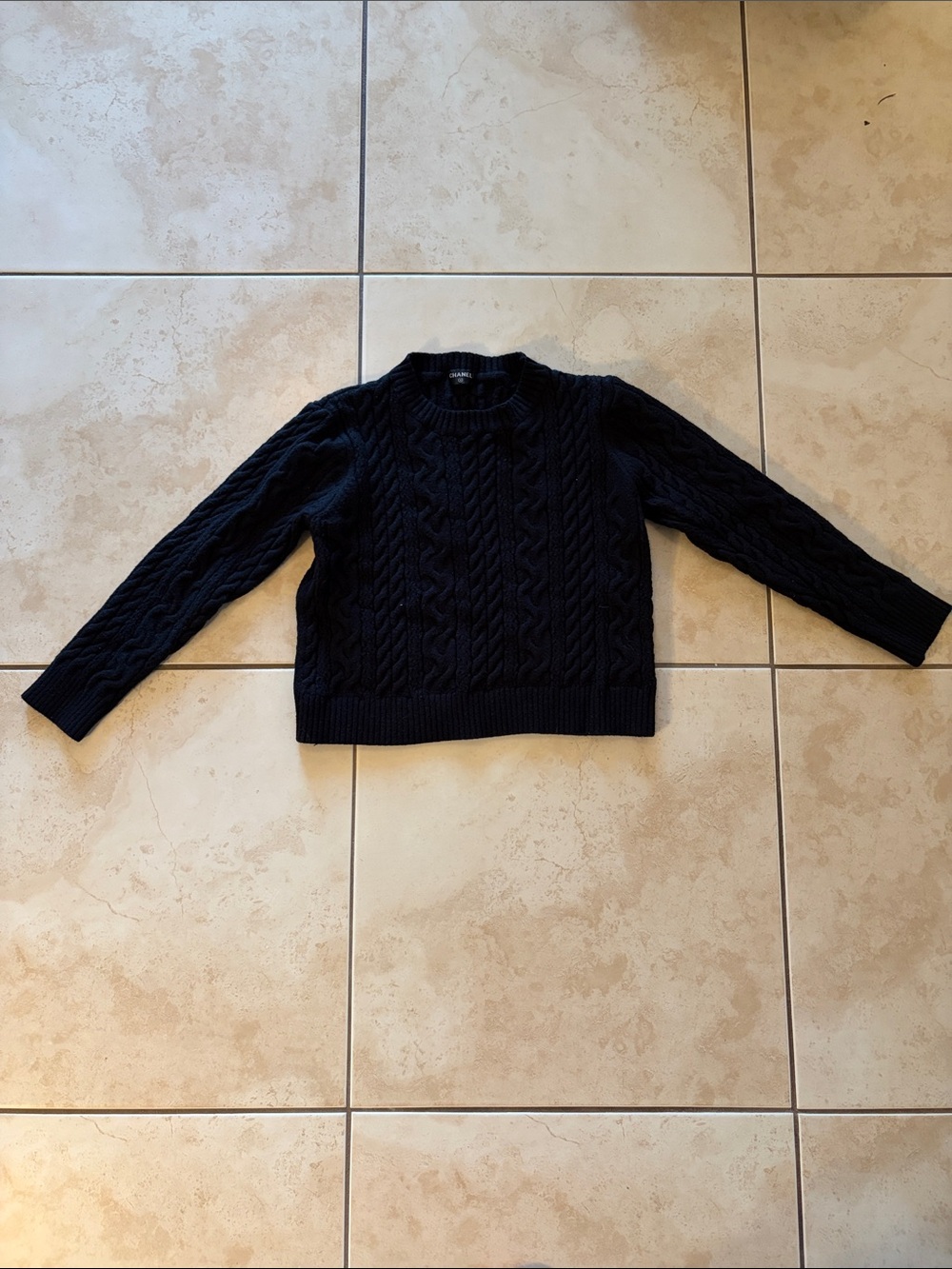 CHANEL Black Cable Knit Crewneck Sweater